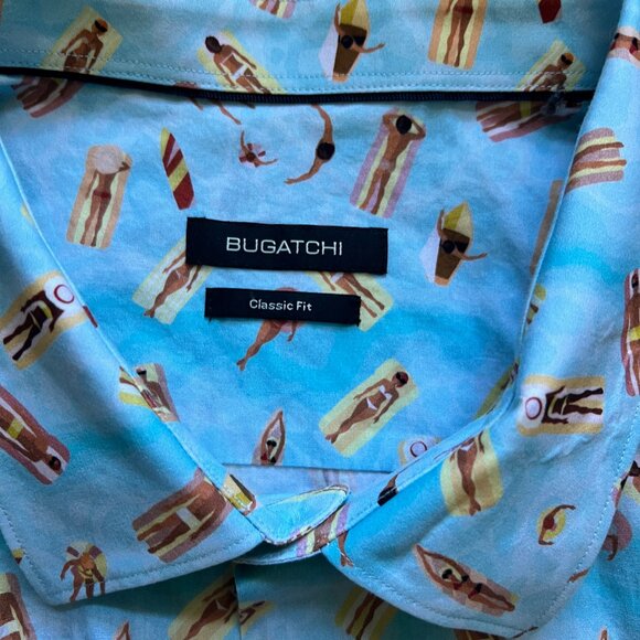 Bugatchi Men’s Shirt Novelty Print Sunbathers Beach Button-Up Short Sleeve | 3XL - Picture 7 of 11
